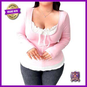 Plus Size Long Sleeve Tie Front Fitted Tee Coquette Aesthetic Top